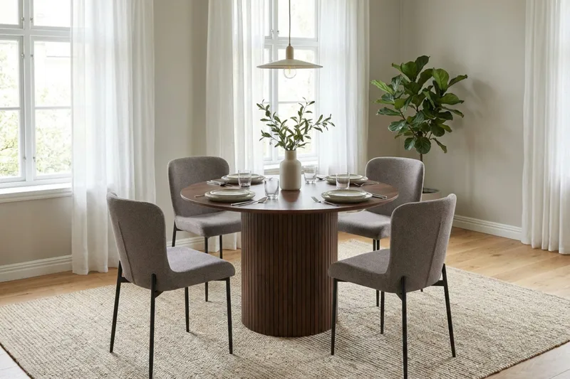 Kopparbo spisegruppe rund ca. 110 cm valnøtt med 4 Elsie spisestoler - Valnøtt/Grå - Møbler - Bord - Spisegruppe