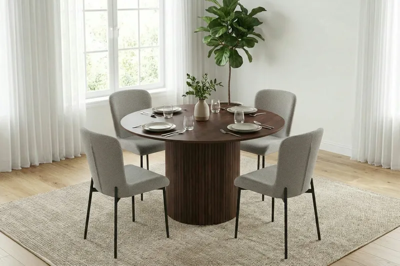 Kopparbo spisegruppe rund ca. 110 cm valnøtt med 4 Elsie spisestoler - Valnøtt/Lysegrå - Møbler - Bord - Spisegruppe