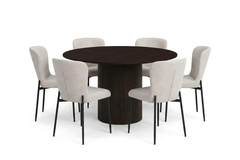 Kopparbo spisegruppe rund ca. 130 cm røkt eik med 6 Elsie spisestoler - Røkt eik/Beige - Møbler - Bord - Spisegruppe