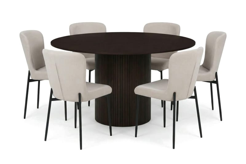 Kopparbo spisegruppe rund ca. 130 cm røkt eik med 6 Elsie spisestoler, Røkt eik/Beige
