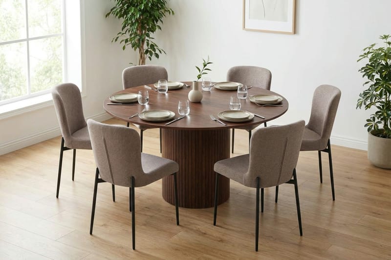 Kopparbo spisegruppe rund ca. 130 cm valnøtt med 6 Elsie spisestoler - Valnøtt/Grå - Møbler - Bord - Spisegruppe