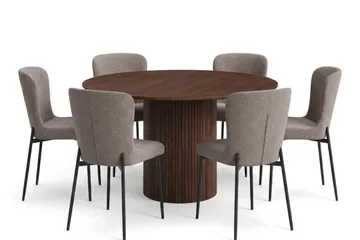 Kopparbo spisegruppe rund ca. 130 cm valnøtt med 6 Elsie spisestoler - Valnøtt/Grå - Møbler - Bord - Spisegruppe