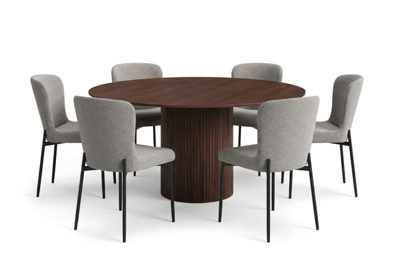 Kopparbo spisegruppe rund ca. 150 cm valnøtt med 6 Elsie spisestoler - Valnøtt/Lysegrå - Møbler - Bord - Spisegruppe