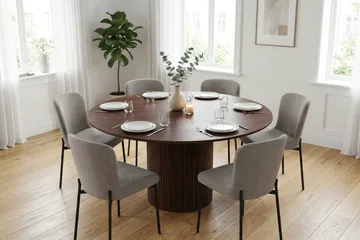 Kopparbo spisegruppe rund ca. 150 cm valnøtt med 6 Elsie spisestoler - Valnøtt/Lysegrå - Møbler - Bord - Spisegruppe