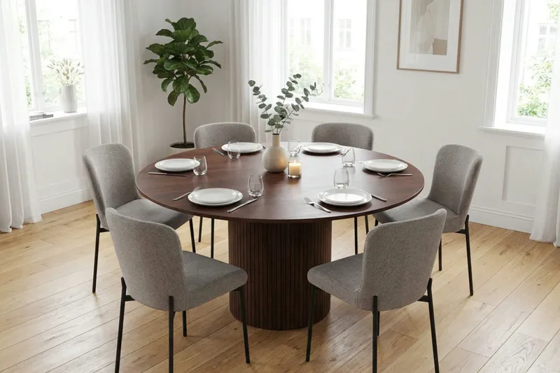 Kopparbo spisegruppe rund ca. 150 cm valnøtt med 6 Elsie spisestoler - Valnøtt/Lysegrå - Møbler - Bord - Spisegruppe