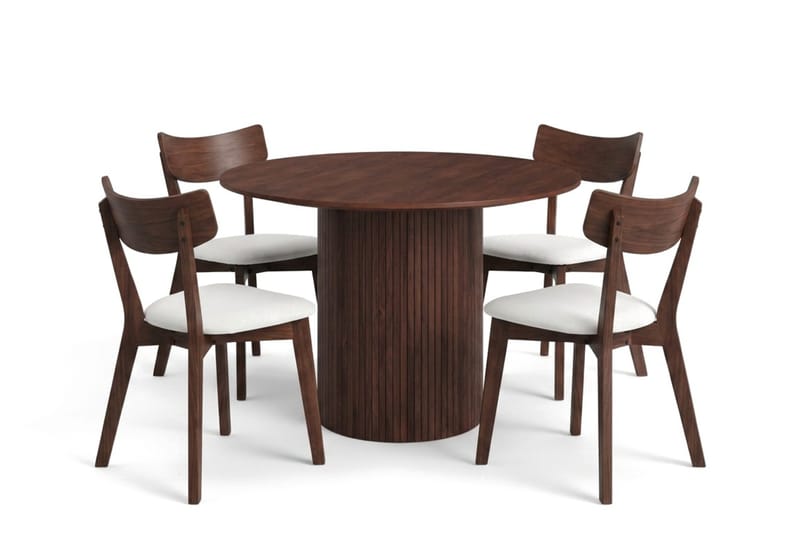 Kopparbo spisegruppe rundt 110 cm i valnøtt med 4 Amelia spisestoler med pute, Valnøtt/Beige