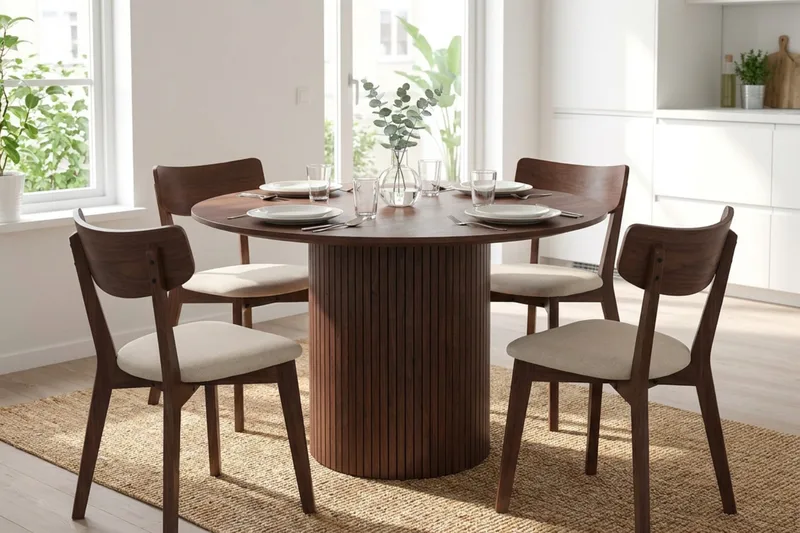 Kopparbo spisegruppe rundt 110 cm i valnøtt med 4 Amelia spisestoler med pute - Valnøtt/Beige - Møbler - Bord - Spisegruppe