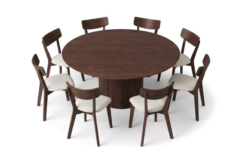 Kopparbo spisegruppe rundt 180 cm i valnøtt med 8 Amelia spisestoler med pute - Valnøtt/Beige - Møbler - Bord - Spisegruppe