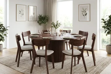 Kopparbo spisegruppe rundt 180 cm i valnøtt med 8 Amelia spisestoler med pute - Valnøtt/Beige - Møbler - Bord - Spisegruppe