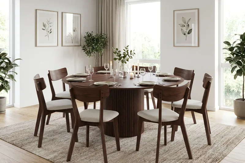 Kopparbo spisegruppe rundt 180 cm i valnøtt med 8 Amelia spisestoler med pute - Valnøtt/Beige - Møbler - Bord - Spisegruppe