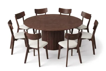 Kopparbo spisegruppe rundt 180 cm i valnøtt med 8 Amelia spisestoler med pute - Valnøtt/Beige - Møbler - Bord - Spisegruppe