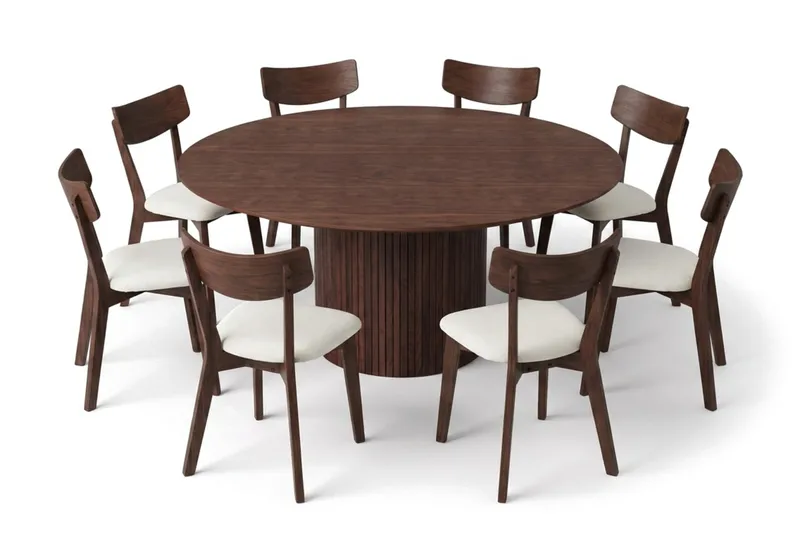 Kopparbo spisegruppe rundt 180 cm i valnøtt med 8 Amelia spisestoler med pute, Valnøtt/Beige