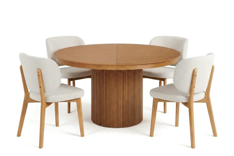 Kopparbo spisegruppe uttrekkbar rund 120-220 cm i eik med 4 Eira spisestoler, Eik