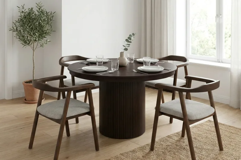 Kopparbo spisegruppe uttrekkbar rund 120-220 cm røkt eik med 4 Jolie spisestoler - Møbler - Bord - Spisegruppe