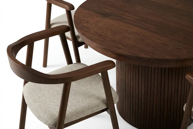 Kopparbo spisegruppe uttrekkbar rund 120-220 cm valnøtt med 4 Jolie spisestoler - Møbler - Bord - Spisegruppe