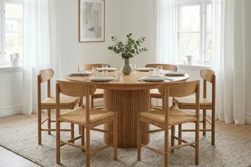 Kopparbo spisegruppe uttrekkbar rund 140–220 cm eik med 6 Malte spisestoler - Møbler - Bord - Spisegruppe