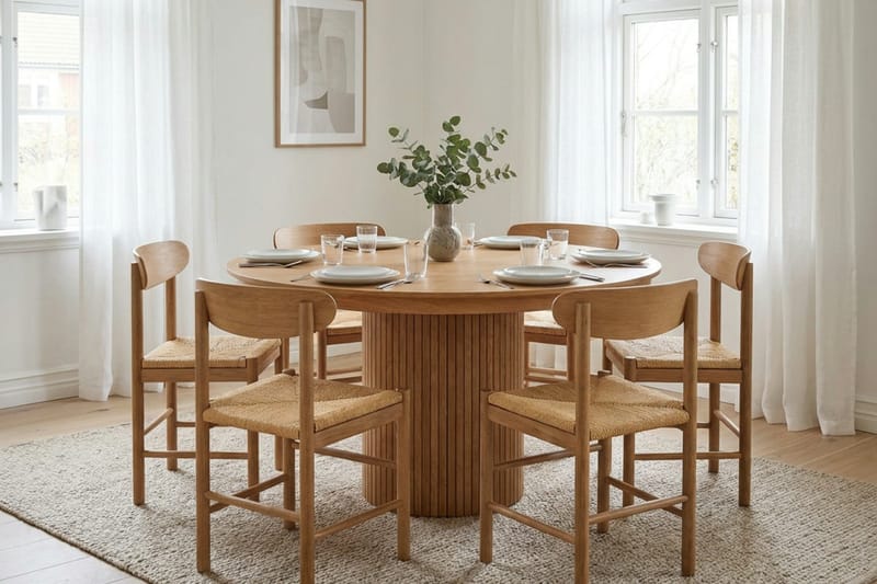 Kopparbo spisegruppe uttrekkbar rund 140–220 cm eik med 6 Malte spisestoler - Møbler - Bord - Spisegruppe