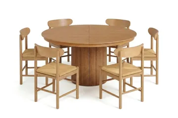 Kopparbo spisegruppe uttrekkbar rund 140–220 cm eik med 6 Malte spisestoler - Møbler - Bord - Spisegruppe
