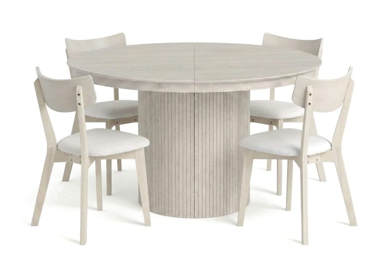 Kopparbo spisegruppe uttrekkbar rundt 120–220 cm hvitlasert med 4 Amelia spisestoler med pute, Hvitlasert/Beige