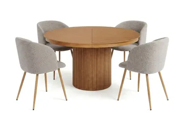 Kopparbo Uttrekkbar rund 120-220 cm eik med 4 Sawako spisestoler - Eik/Greige - Møbler - Bord - Spisegruppe