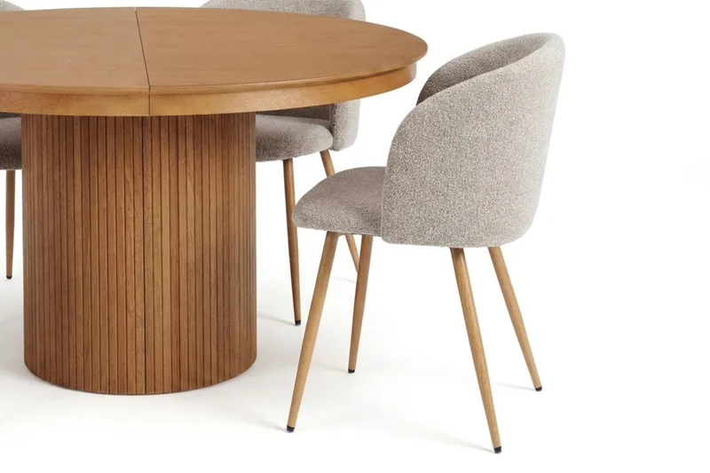 Kopparbo Uttrekkbar rund 120-220 cm eik med 4 Sawako spisestoler - Eik/Greige - Møbler - Bord - Spisegruppe