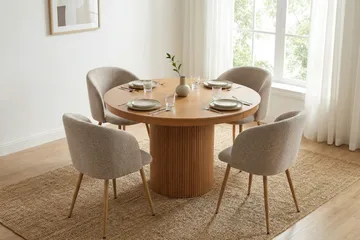Kopparbo Uttrekkbar rund 120-220 cm eik med 4 Sawako spisestoler - Eik/Greige - Møbler - Bord - Spisegruppe