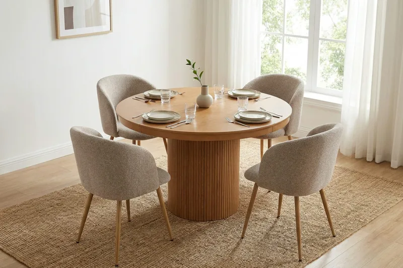 Kopparbo Uttrekkbar rund 120-220 cm eik med 4 Sawako spisestoler - Eik/Greige - Møbler - Bord - Spisegruppe