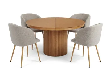 Kopparbo Uttrekkbar rund 120-220 cm eik med 4 Sawako spisestoler - Eik/Greige - Møbler - Bord - Spisegruppe