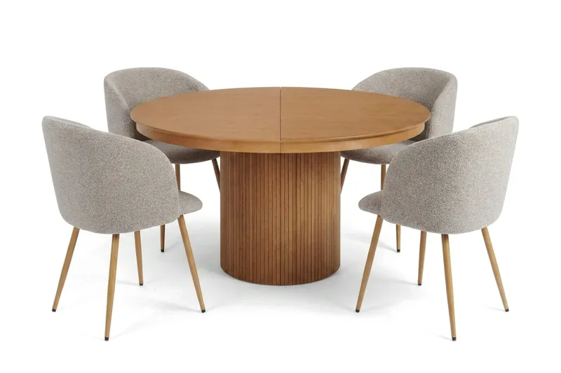 Kopparbo Uttrekkbar rund 120-220 cm eik med 4 Sawako spisestoler - Eik/Greige - Møbler - Bord - Spisegruppe