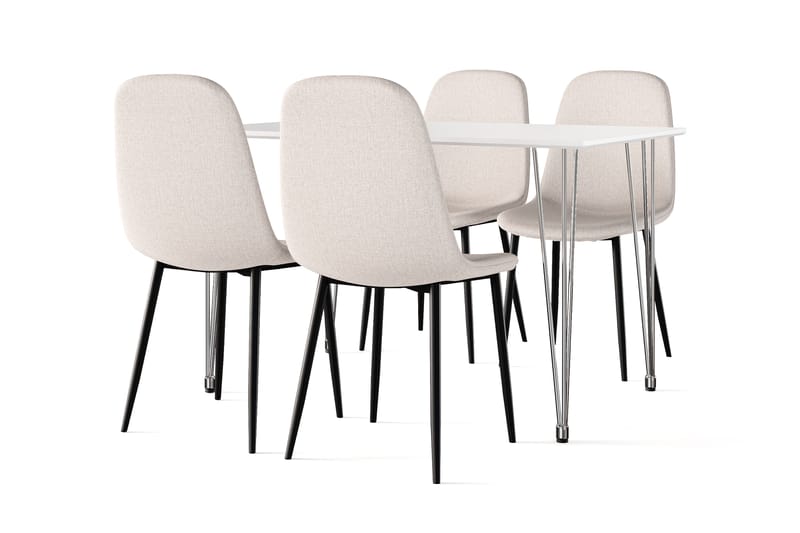 Kranstull Spisebord 120 cm + 4 stk Naira stol beige med svarte ben, Hvit/Beige
