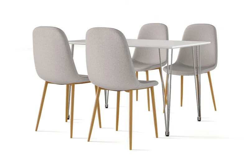 Kronblom Spisebord 120 cm + 4 stk Nibe stol grå med eikeben, Hvit/Grå