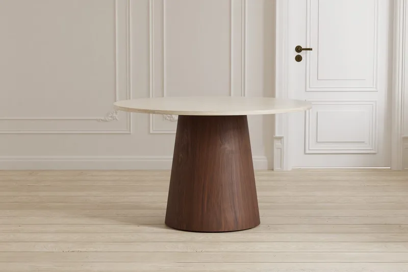 Lanzo Rundt Spisebord 120 cm i Tre med Valnøtt- og Travertinutseende, Beige