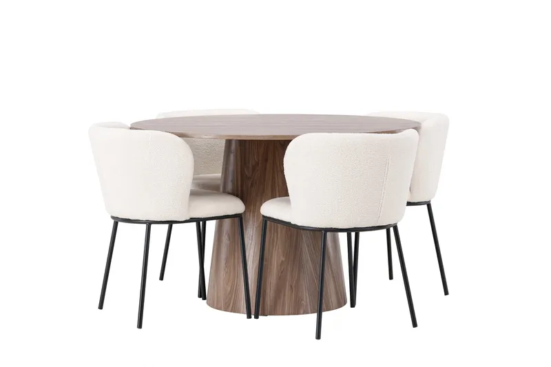 Lanzo Rundt Spisesett i Tre 120 cm med 4 Edina Stoler - Natur / Beige / Hvit - Møbler - Bord - Spisegruppe