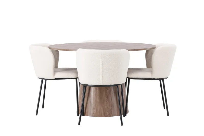 Lanzo Rundt Spisesett i Tre 120 cm med 4 Edina Stoler - Natur / Beige / Hvit - Møbler - Bord - Spisegruppe
