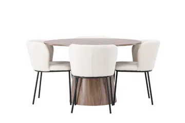 Lanzo Rundt Spisesett i Tre 120 cm med 4 Edina Stoler - Natur / Beige / Hvit - Møbler - Bord - Spisegruppe
