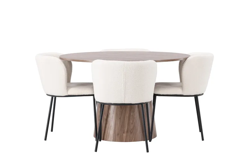 Lanzo Rundt Spisesett i Tre 120 cm med 4 Edina Stoler - Natur / Beige / Hvit - Møbler - Bord - Spisegruppe