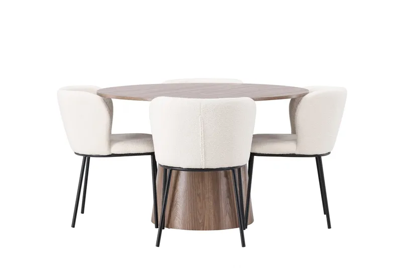 Lanzo Rundt Spisesett i Tre 120 cm med 4 Edina Stoler, Natur / Beige / Hvit