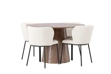 Lanzo Rundt Spisesett i Tre 120 cm med 4 Edina Stoler - Natur / Beige / Hvit - Møbler - Bord - Spisegruppe