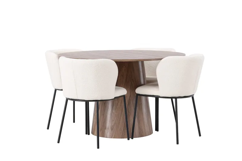 Lanzo Rundt Spisesett i Tre 120 cm med 4 Edina Stoler - Natur / Beige / Hvit - Møbler - Bord - Spisegruppe