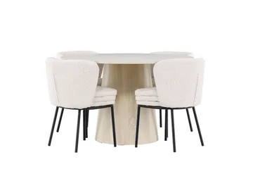 Lanzo Spisegruppe 120 cm Rund med 4 Agnes stoler - Whitewash/Hvid - Møbler - Bord - Spisegruppe