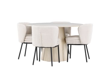 Lanzo Spisegruppe 120 cm Rund med 4 Agnes stoler - Whitewash/Hvid - Møbler - Bord - Spisegruppe