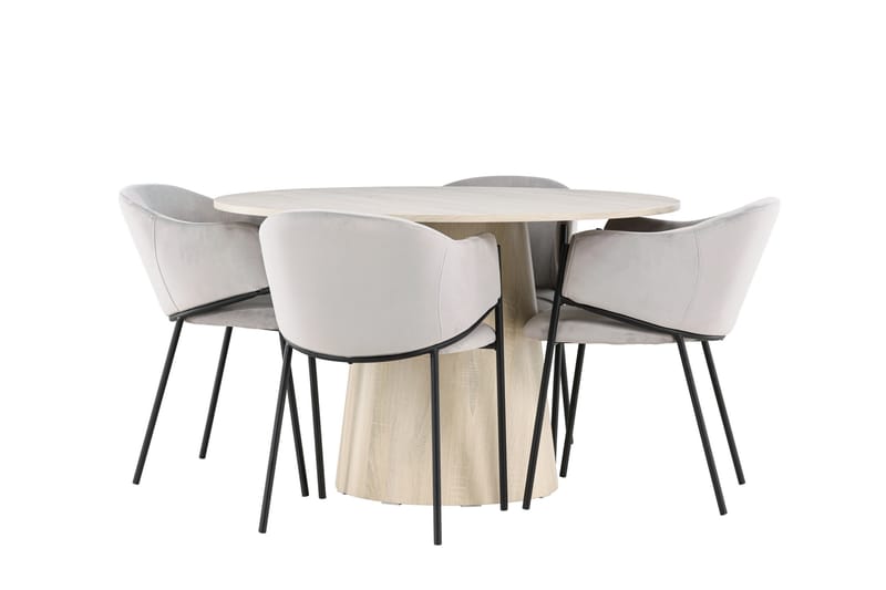 Lanzo Spisegruppe 120 cm Rund med 4 Evelina stoler - Whitewash/Grå - Møbler - Bord - Spisegruppe