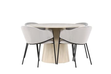 Lanzo Spisegruppe 120 cm Rund med 4 Evelina stoler - Whitewash/Grå - Møbler - Bord - Spisegruppe