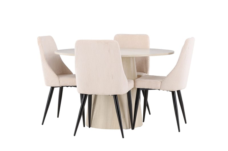 Lanzo Spisegruppe 120 cm Rund med 4 Leone stoler, Whitewash/Beige