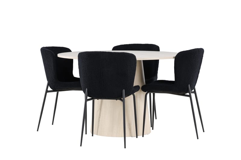Lanzo Spisegruppe 120 cm Rund med 4 Modesto stoler, Whitewash/Sort