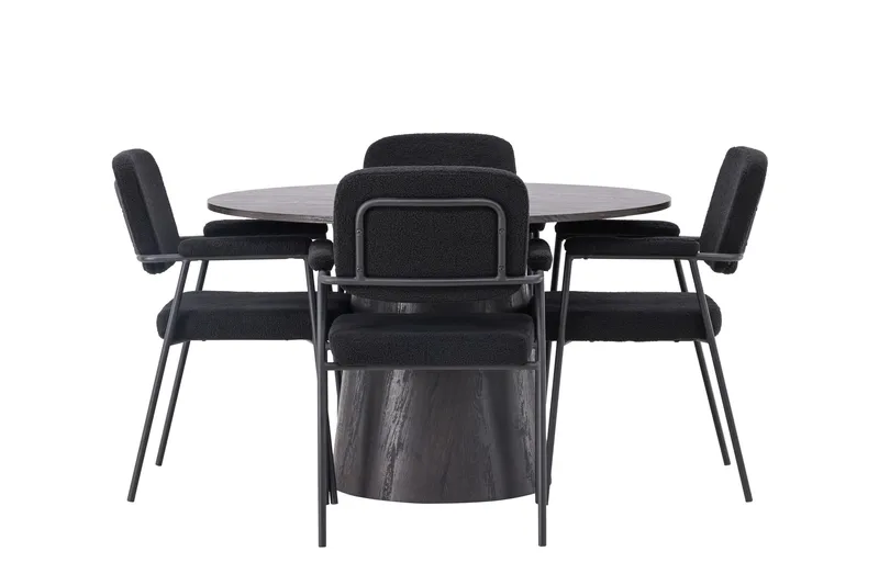 Lanzo Spisegruppe 120 cm Rund med 4 Yesterday Stoler, Sort