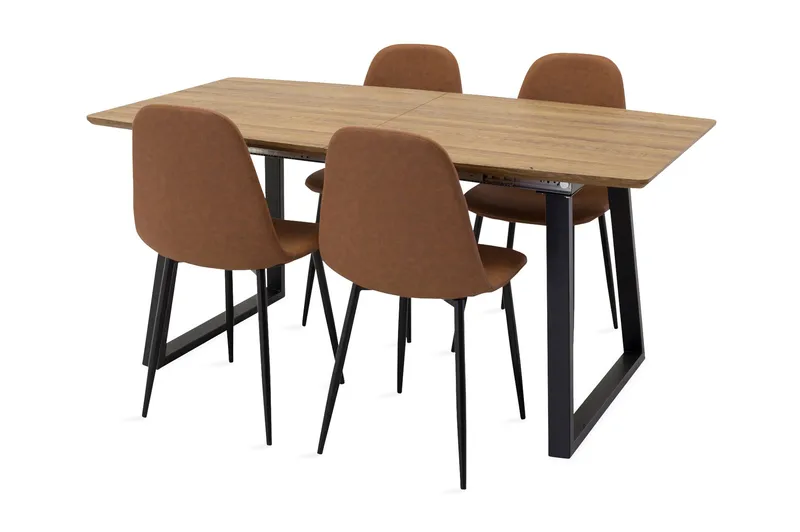 Leah spisegruppe med uttrekkbart bord og 4 Pontus kjøkkenstoler, Kunstskinn Brun/Beige