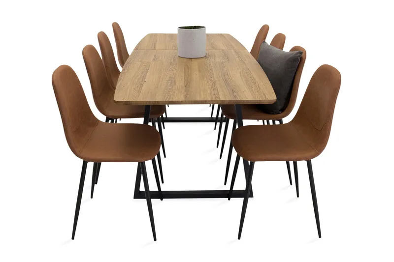 Leah spisegruppe med uttrekkbart bord og 8 Pontus kjøkkenstoler - Kunstskinn Brun/Beige - Møbler - Bord - Spisegruppe