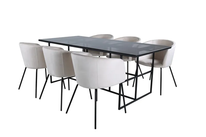 Leif spisebord 200 cm med 6 Berit armstoler i fløyel med armlener
