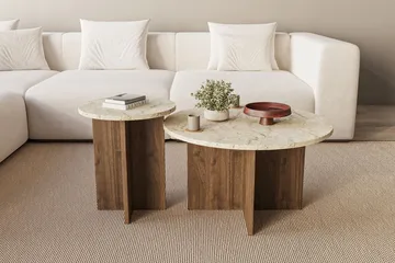 Lorricus sofabord 70 cm rundt - Travertin og Valnøtt - Møbler - Bord - Sofabord & salongbord